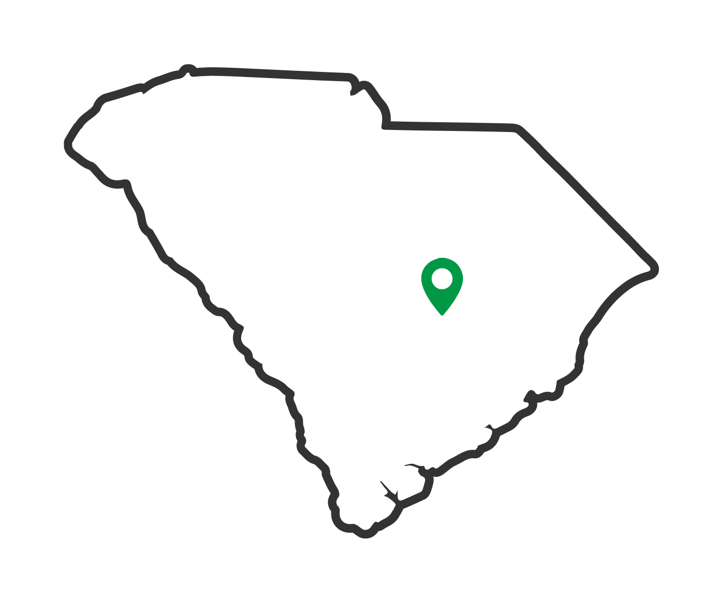 Map of South Carolina with the camp location pinned