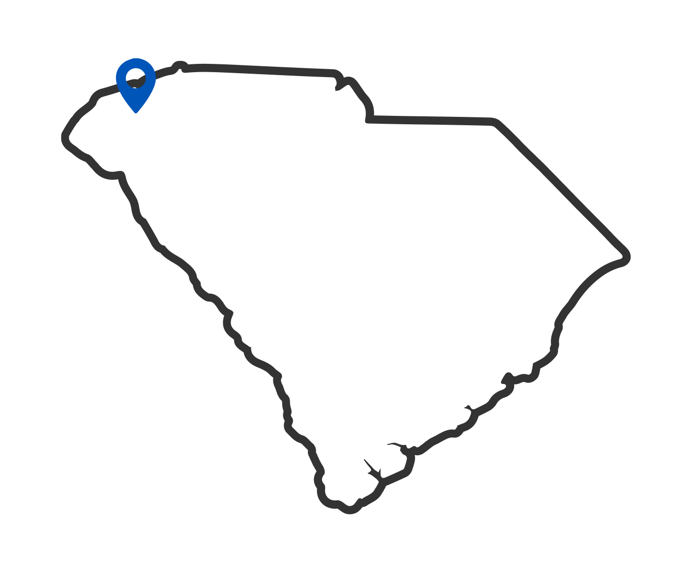 Map of South Carolina with the camp location pinned