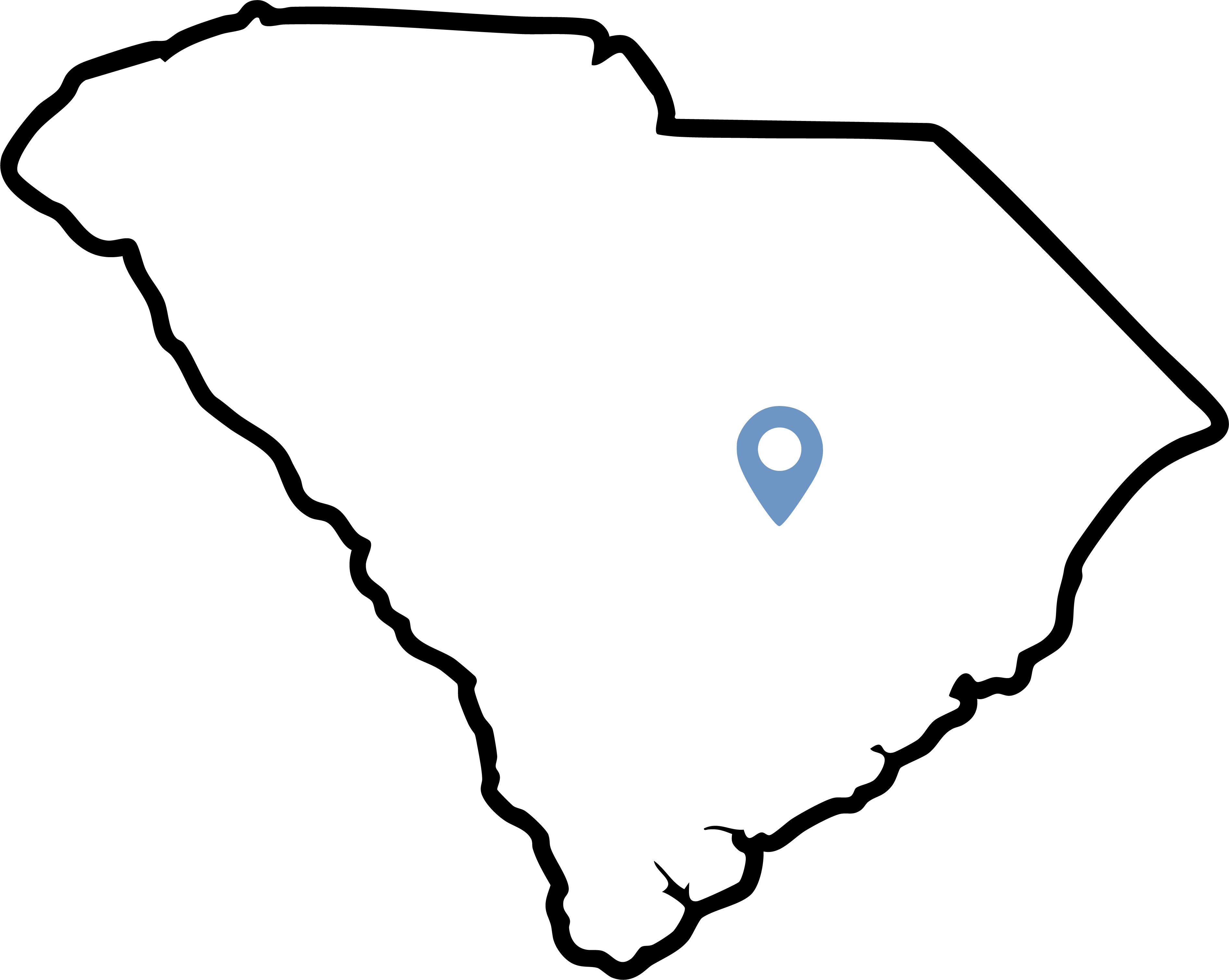 Map of South Carolina with the camp location pinned