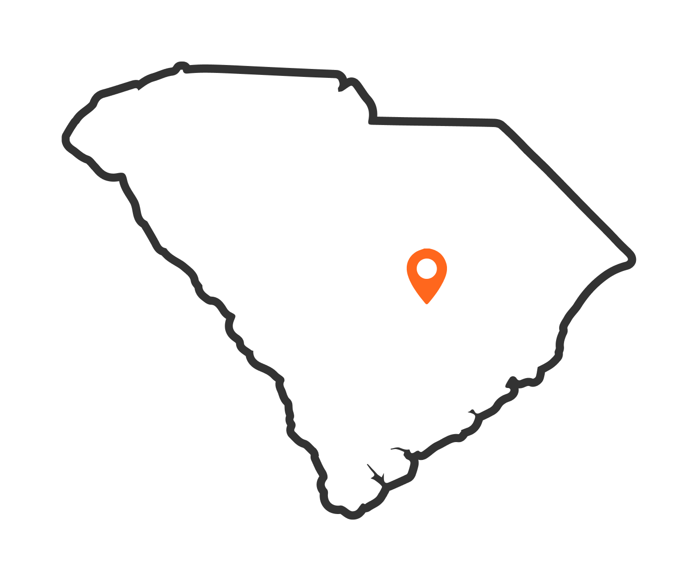Map of South Carolina with the camp location pinned